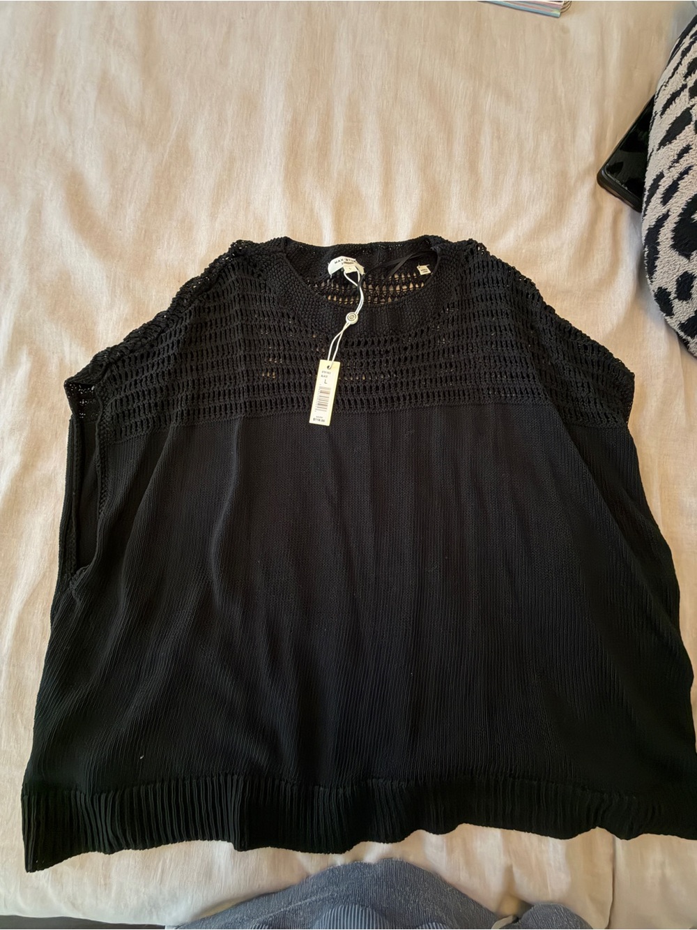 Max Studio Black Crochet Yoke Crew Neck Sweater